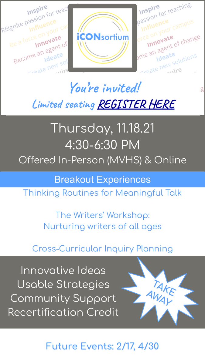 MPSAZIDATS's tweet photo. MPS educators, join us for our next iCONsortium event on 11/18! This time, we will explore how to support literacy through the lens of personalized learning. Register at https://t.co/ltpt0L43Xl https://t.co/8gxBq0eOBT