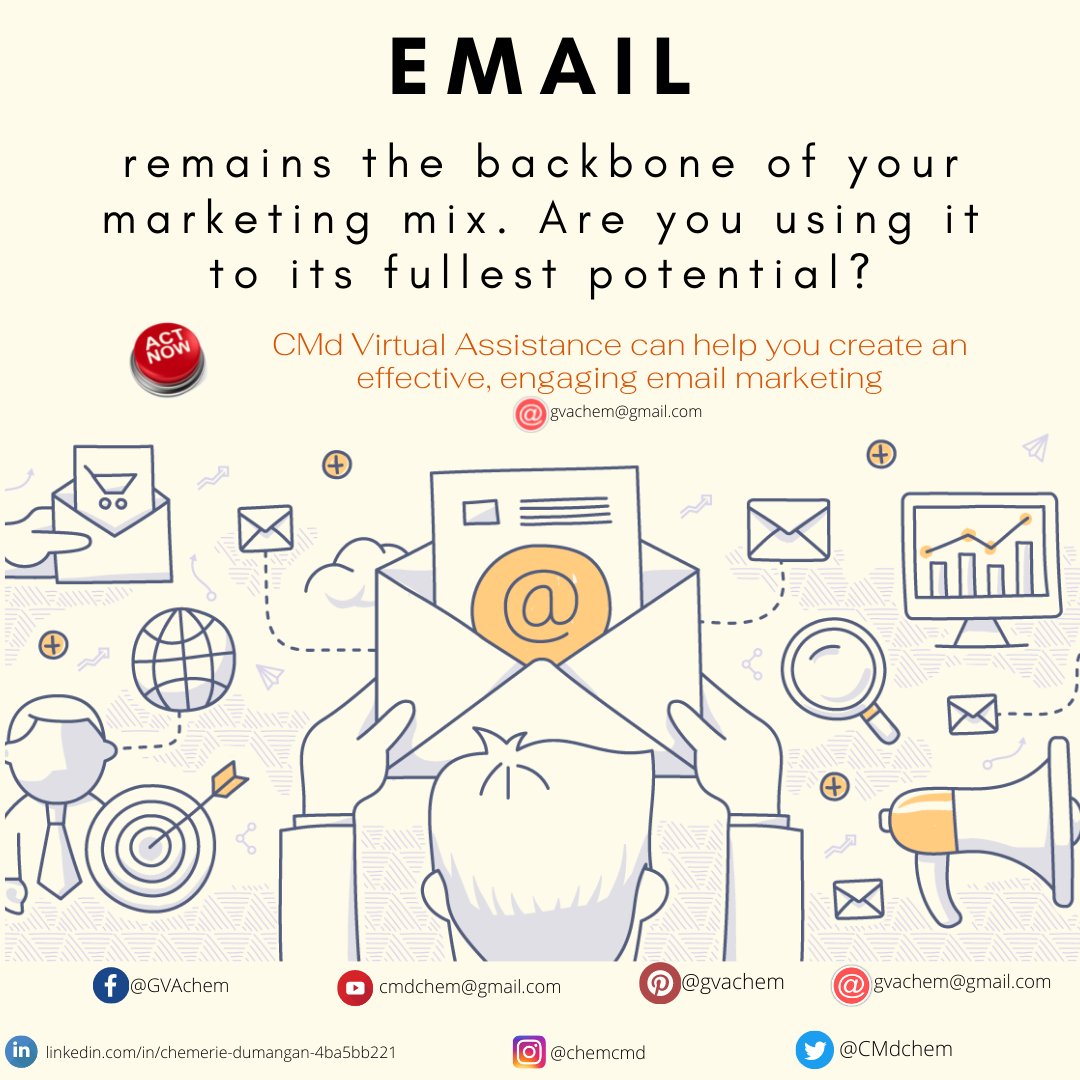 CMdchem's tweet image. Effective Engaging Email Marketing
How Engaging Is Your Email?
✳️Establish trust and engage via email
✳️Talk with your customers individually
✳️Listen and respond
Let me help your business, message me:
✅bit.ly/3pzwBjR
#effectiveemailmarketing
#CMdVirtualServices