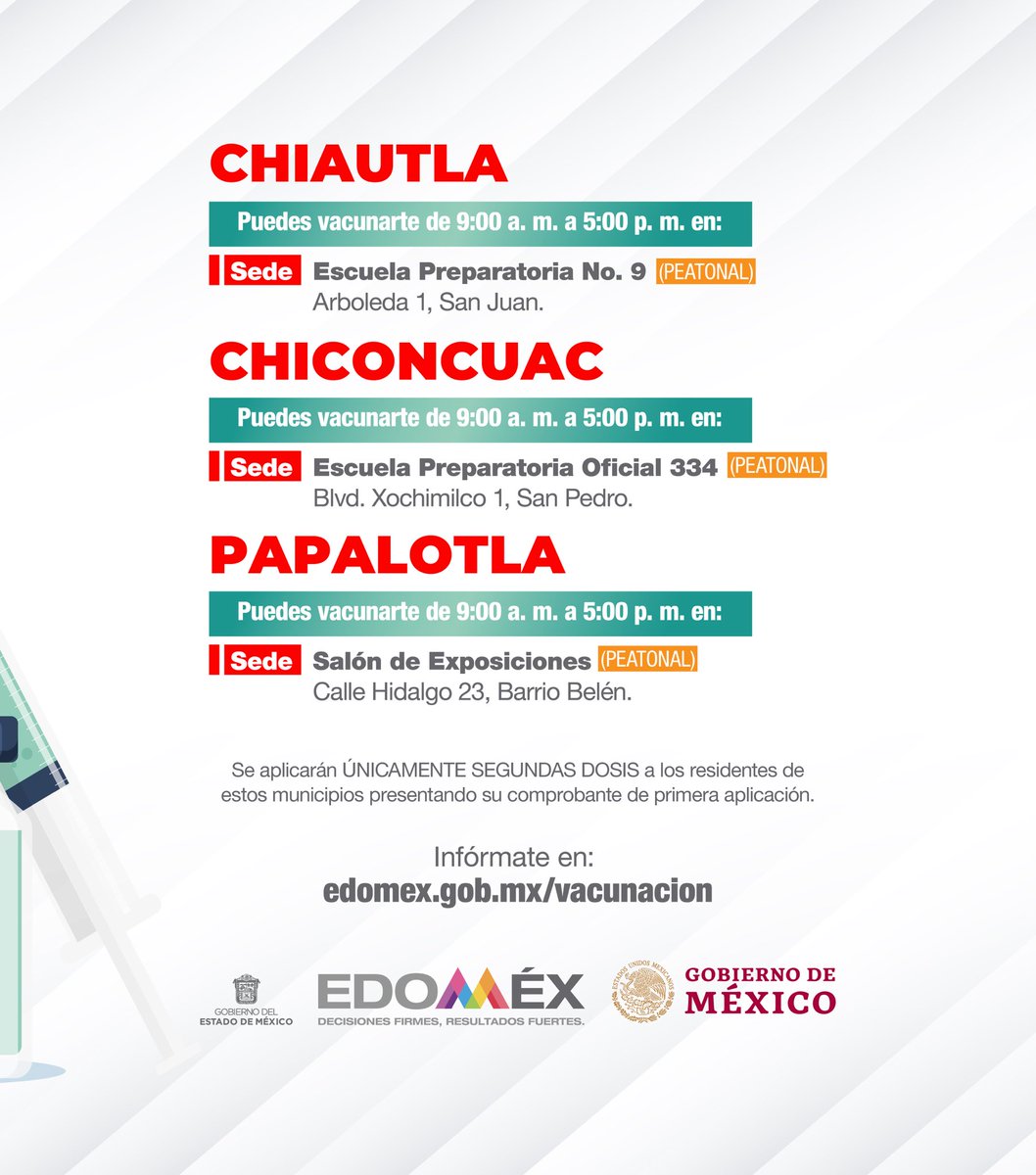 Mañana 29 de octubre estaremos aplicando la segunda dosis a personas de 18 a 29 años en #Chiautla, #Chiconcuac y #Papalotla. #EstrategiaDeVacunación