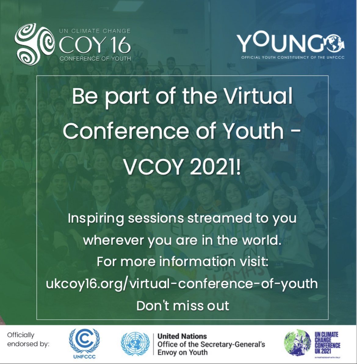 JulzeAlejandre's tweet image. For those who can’t join @COY16Glasgow in-person, #VCOY (virtual #COY16) has been put together by the organisers.

You can join the conversation, sessions, and workshops by going to this link: ukcoy16.org/virtual-confer…

#COP26 #COY16 #UniteForChange #ScienceChatPH