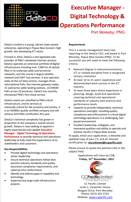 pngdataco's tweet photo. JOB VACANCY: Executive Manager - Digital Technology &amp; Operations Performance https://t.co/3uT3W5ZjGn