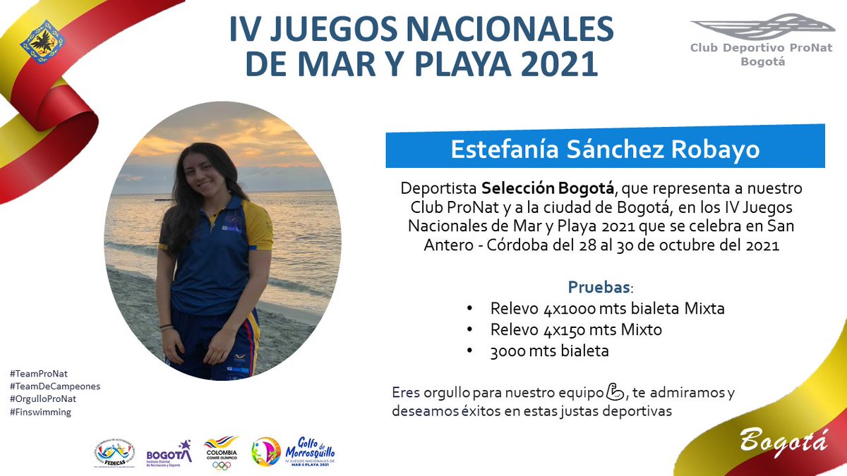 TeamProNat's tweet photo. Deportistas de nuestro Team ProNat, orgullosamente hacen parte de la Selección Bogotá en los IV Juegos Nacionales de Mar y Playa 2021 que se celebra en San Antero - Córdoba del 28 al 30 de octubre del 2021 #TeamProNat #TeamDeCampeones #OrgulloProNat #Finswimming #Fedecas #IDRD https://t.co/XuSJ19xZQ9