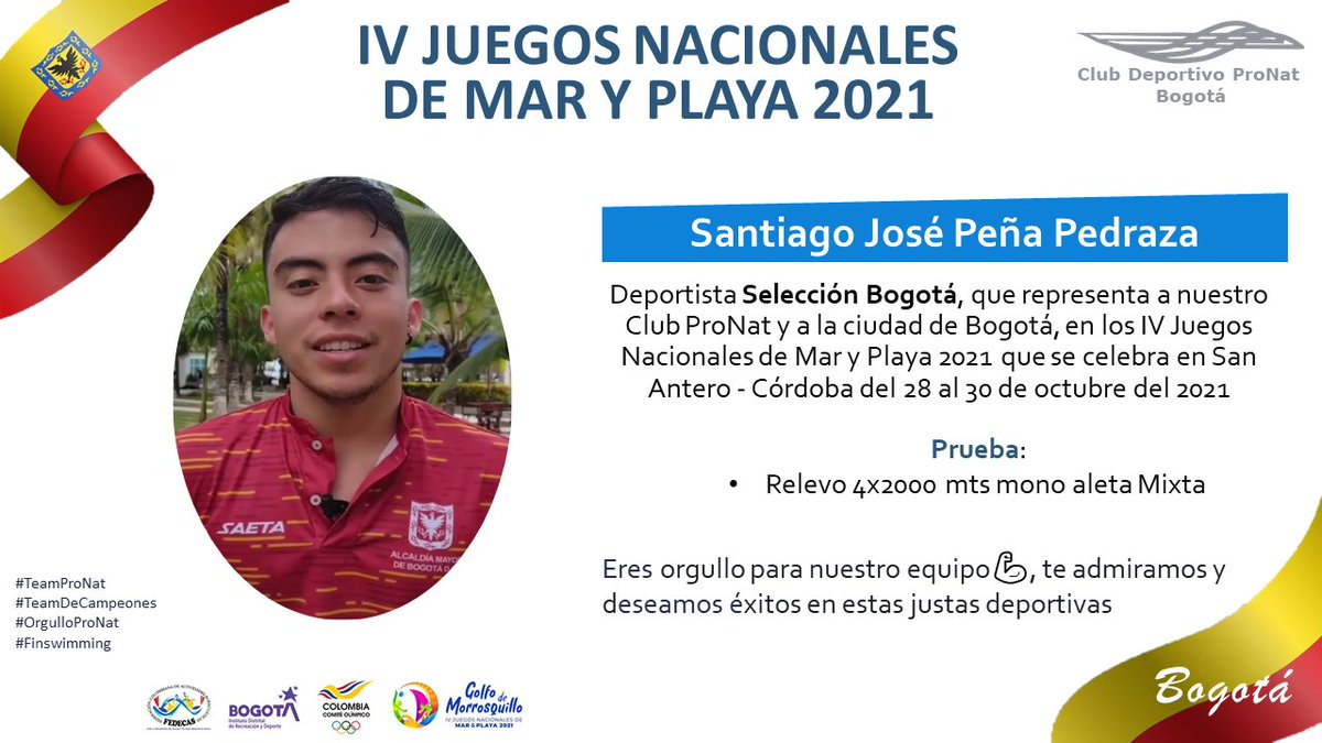 TeamProNat's tweet photo. Deportistas de nuestro Team ProNat, orgullosamente hacen parte de la Selección Bogotá en los IV Juegos Nacionales de Mar y Playa 2021 que se celebra en San Antero - Córdoba del 28 al 30 de octubre del 2021 #TeamProNat #TeamDeCampeones #OrgulloProNat #Finswimming #Fedecas #IDRD https://t.co/XuSJ19xZQ9