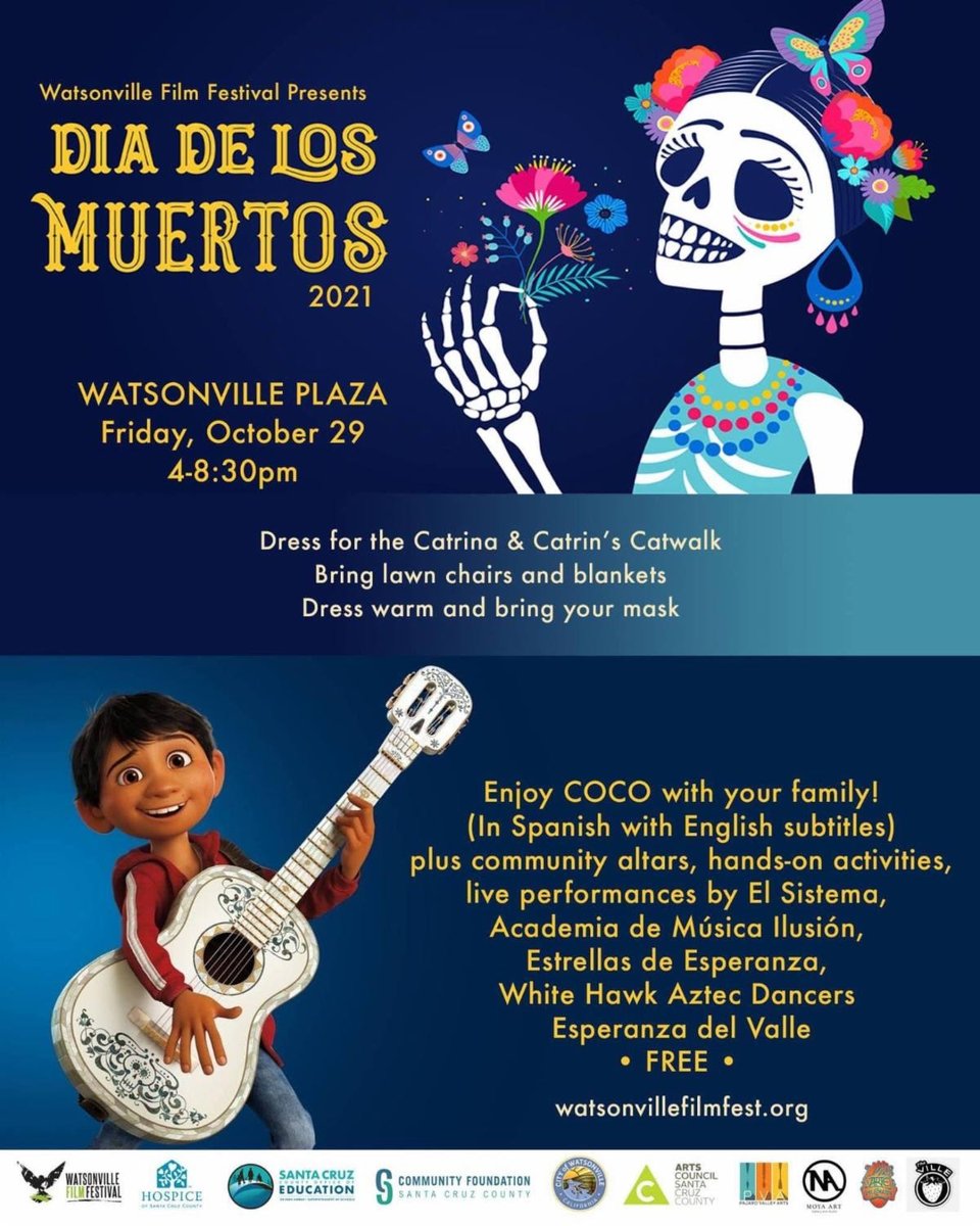 pvarts's tweet photo. TOMORROW - Coco in the Park at the Watsonville Plaza is back put on by the Watsonville Film Festival! Join in on the Dia de Los Muertos activities 💀 Come on down to our table and make some paper butterflies with us 🦋❤️ https://t.co/xh24hHjFNH