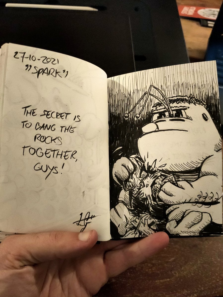 LeanderdeG's tweet image. For "Spark", caveman Rupert does his best to discover fire. #inktober2021 #spark #firegood