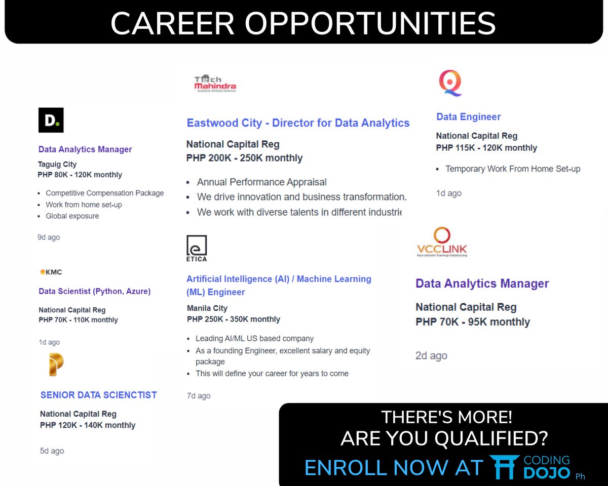 CodingDojoPh's tweet photo. There's a lot of career opportunities available in the field of data science!

If you want to be qualified, enroll now at our bootcamp and deep dive into the fundamentals of data science &amp; machine learning in Python in just a few weeks!

#DataScience #Python #CodingDojoPh #Coding https://t.co/IrdwooHsCi