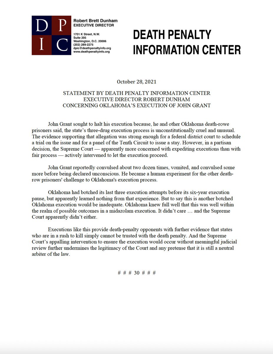 Robert Dunham (@rdunhamdp) on Twitter photo Here is my statement concerning #Oklahoma's execution of #JohnGrant. documents.deathpenaltyinfo.org/DPIC-Statement… <a href="/DPInfoCtr/">Death Penalty Information Center</a> #deathpenalty Here is my statement concerning #Oklahoma's execution of #JohnGrant. documents.deathpenaltyinfo.org/DPIC-Statement… <a href="/DPInfoCtr/">Death Penalty Information Center</a> #deathpenalty