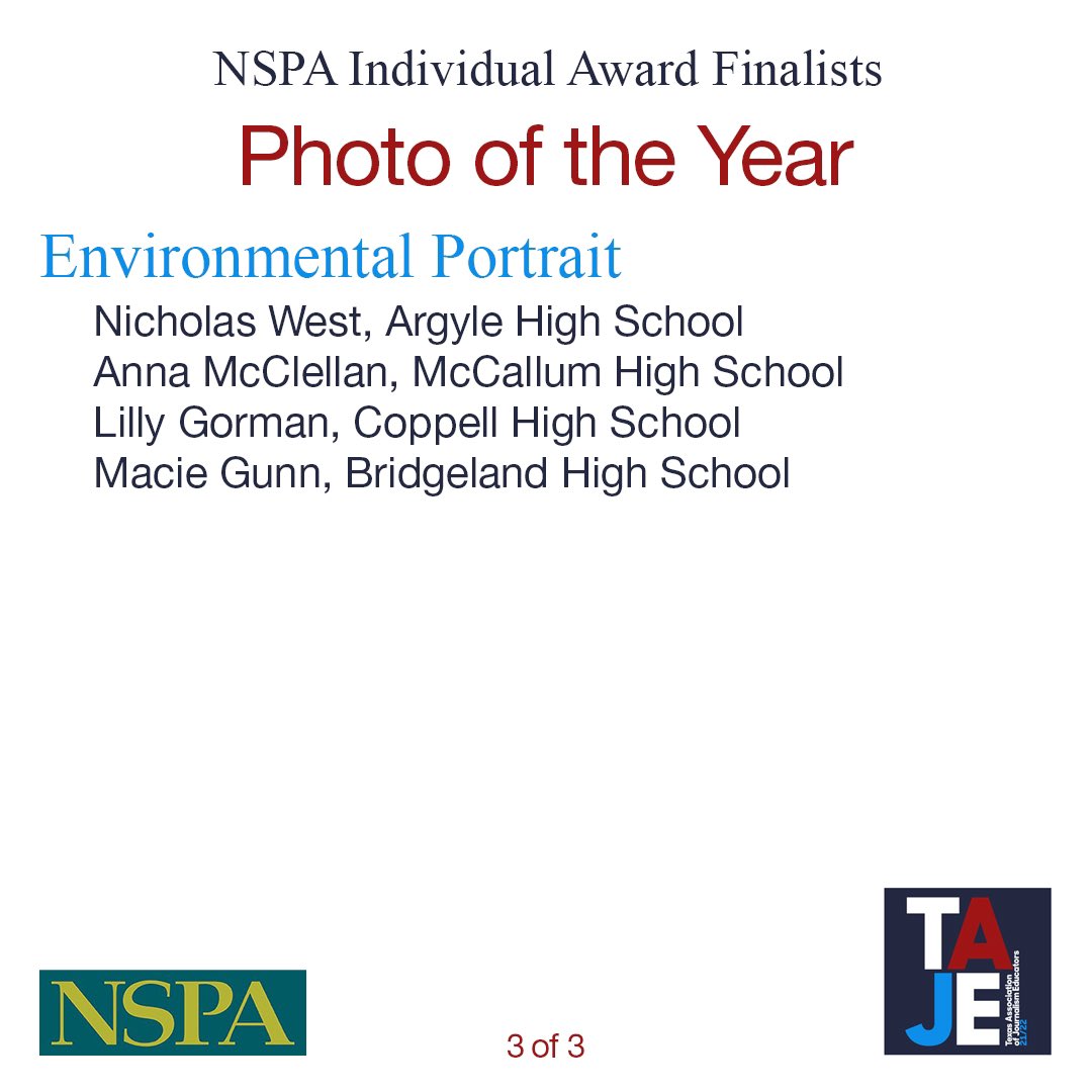 TxAJE's tweet image. Congratulations to all of the Texas students who have been named finalists in the @NSPA Photo of the Year categories. #TexasStrong