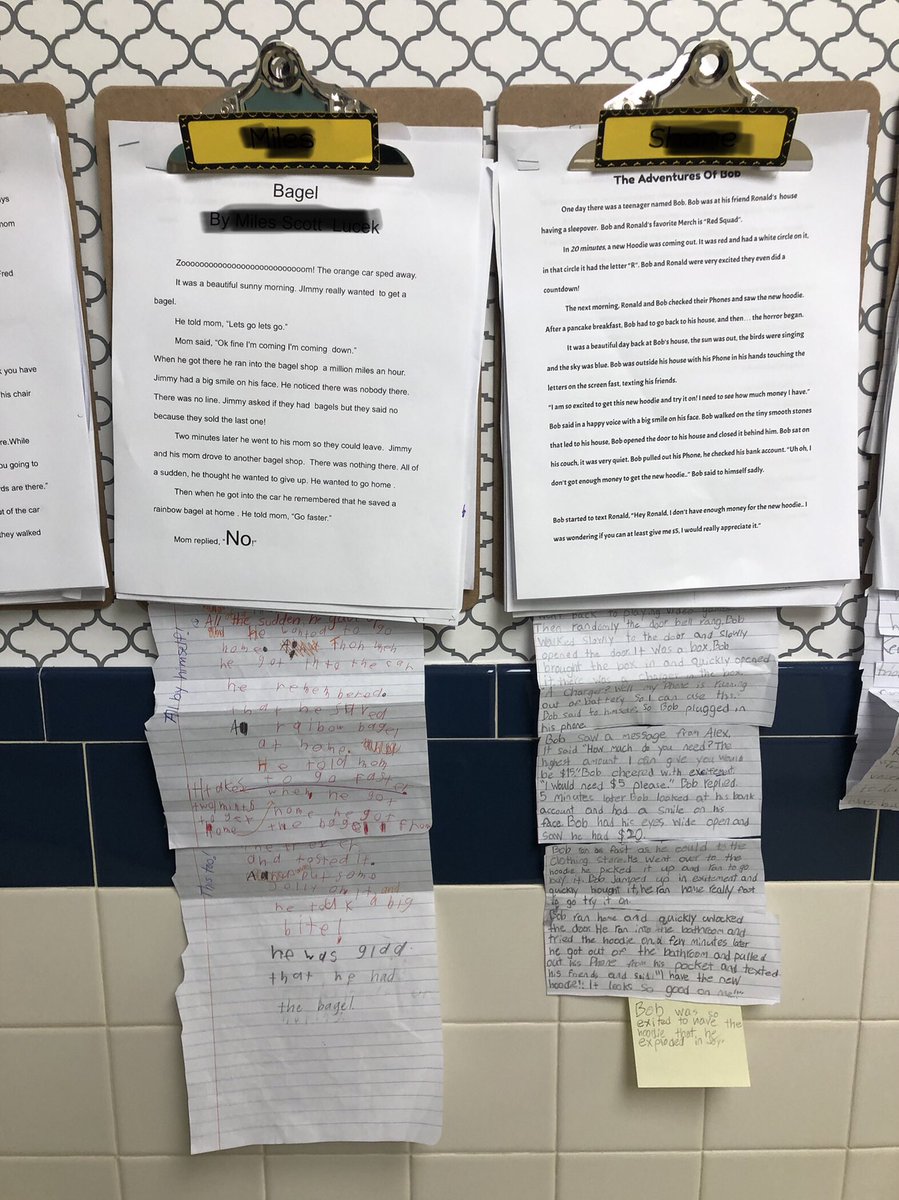 Loved seeing a celebration of not only students’ final published writing, but also the PROCESS as well. 📋s in the hallway <a href="/BedwellSchool/">Bedwell Elementary School</a> showcase 4th grade Realistic Fiction stories with drafts tucked behind! 🤩

<a href="/TCRWP/">TCRWP</a> #tcrwp #writingworkshop #unitsofstudy