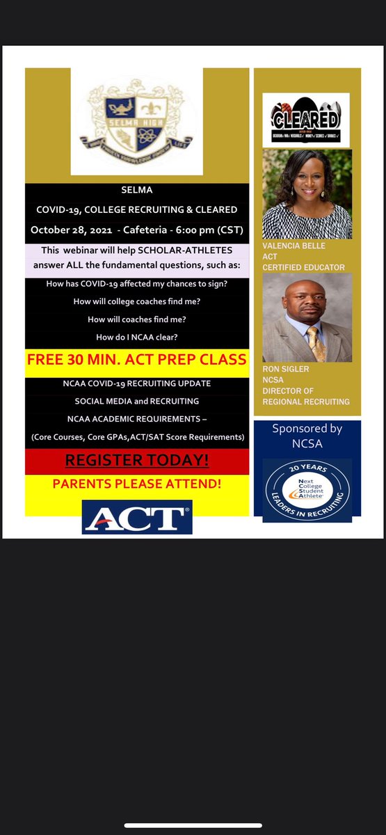 selma_athletics's tweet photo. Parents of Athlete's come learn the in and outs of Recruitment.
Selma High School
#scholarathletes
#dallasco
#selma
#surroundingareas https://t.co/GnRmPUssut