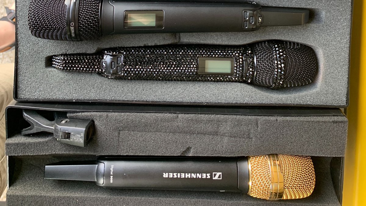 Sennheiser's tweet photo. A glimpse at some of @ladya's bedazzled microphones currently in use on tour. Read the full story about why the Sennheiser #MM445 is now the capsule of choice for Lady A’s principal vocalists: https://t.co/VbQ2Rm9Ys3 📸 courtesy of Pete Bowman https://t.co/SjdijkDB2p