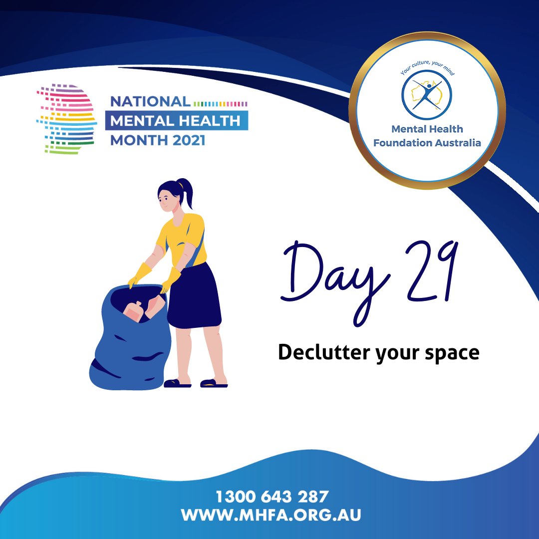 MHFAus's tweet photo. Day 29 – Declutter your space

#wellbeing #ATipADay #NMHM2021 #mentalhealth #resilienceandrecovery https://t.co/U9gsrILWWR
