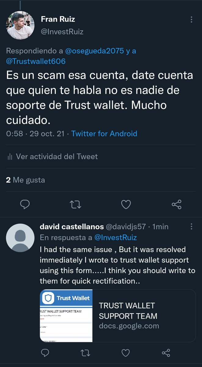 InvestRuiz's tweet photo. ⚠️ Scam alert.

Cada vez que escribes las palabras Trust Wallet en Twitter te responden bots intentando estafarte.

Mucho cuidado, sobre todo los más nuevos, no deis información sensible a nadie ni envíes nada. https://t.co/ljNcEsf4SL