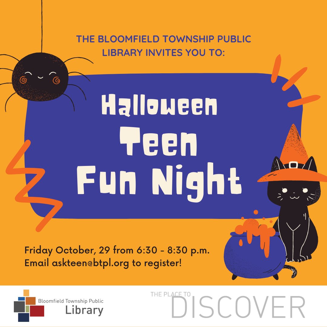 BTPL_MI's tweet photo. We still have some openings for tomorrow night's event.   Email or call 248-642-5800 ext. 171 to sign up Teen's only.  #BTPLTeens #halloween #libraryteens #spookyevents https://t.co/eQZqjzxrH4