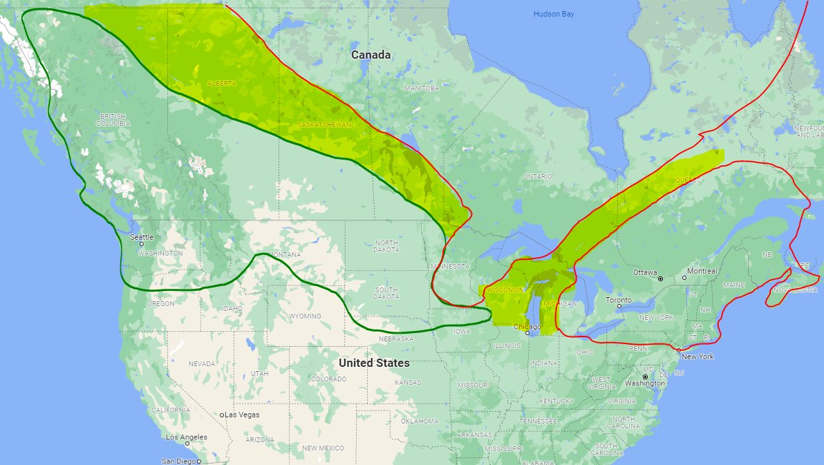 Here's our aurora viewing forecast based on clouds and geomagnetic activity for Saturday night into Sunday, provided we do indeed see a Kp=7 (strong) geomagnetic storm, which is what is currently forecast. 
Green is likely, yellow is possible, red is unlikely.