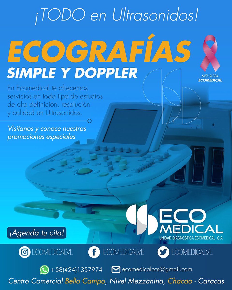 ecomedicalve's tweet photo. ¿Buscas realizarte un Ultrasonido?
Tenemos todo lo que necesitas en un solo lugar.

Te ofrecemos servicios de Ecografía Simple y de Ecografía Doppler. Te atendemos de Lunes a Viernes, de 8:00 am a 4:00 pm, en una excelente ubicación en pleno corazón de #Chacao.

#Ecomedicalve https://t.co/7tFv2eHVdb