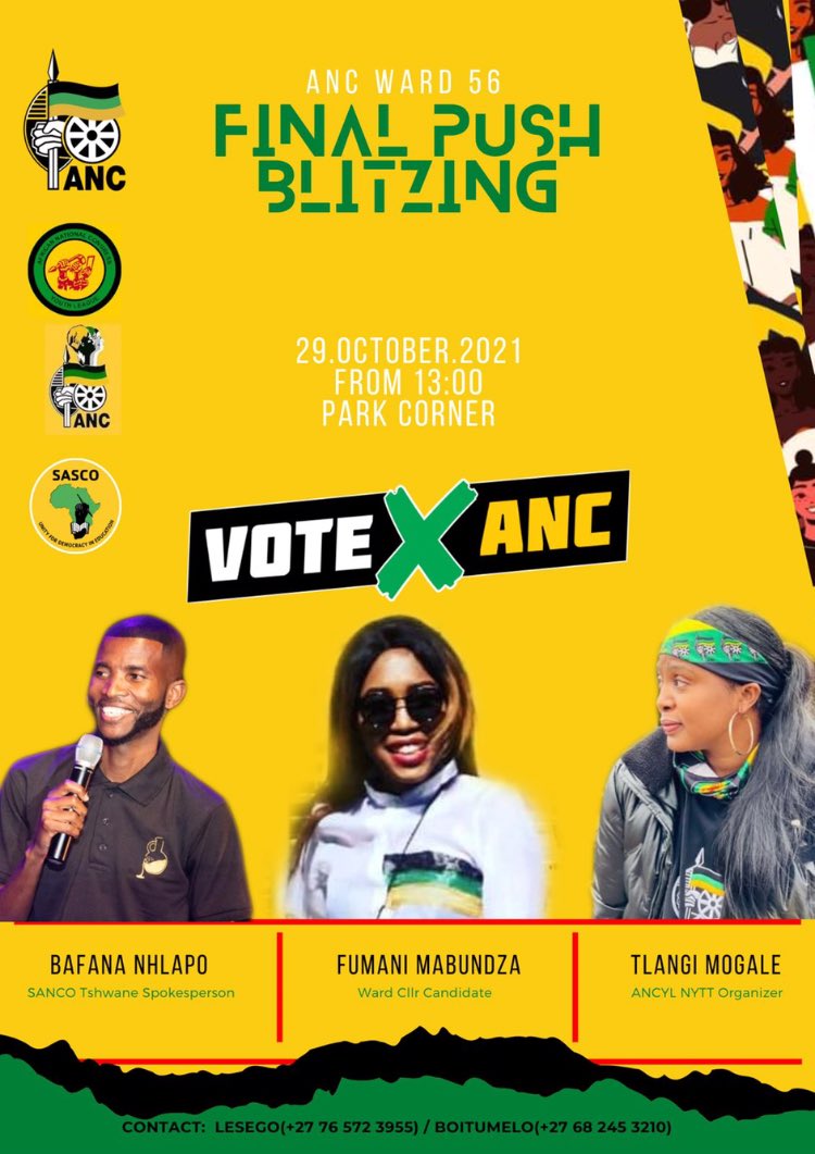 56_anc's tweet photo. Final Push!!! Blitzing &amp; Social Invasion with Cllr Candidate @fumanindlamini , SANCO spokespersons Bafana Nhlapho &amp; ANCYL National organizer  @tlangimich 
✊🏽🖤💚💛
•
•
•
#mochapalong #mosadipalong 
#BuildingBetterCommunities
#voteANC2021
#WeTheYouth https://t.co/UG6N9jhK4T