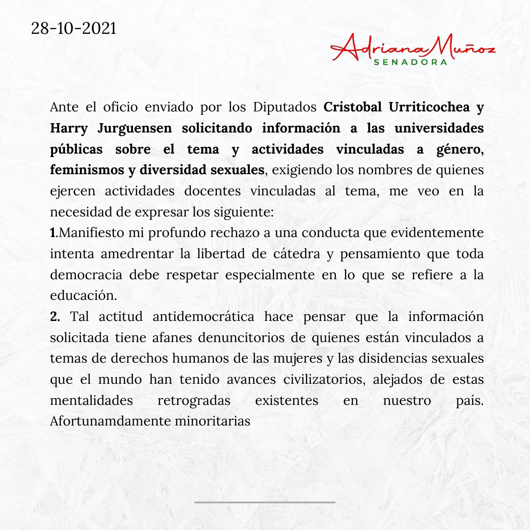 Ante el oficio enviado por parlamentarios solicitando información sobre actividades vinculadas al género,feminismo y diversidad.
Manifiesto mi rechazo a una conducta que evidentemente intenta amedrentar la libertad de cátedra y pensamiento que toda democracia debe respetar.