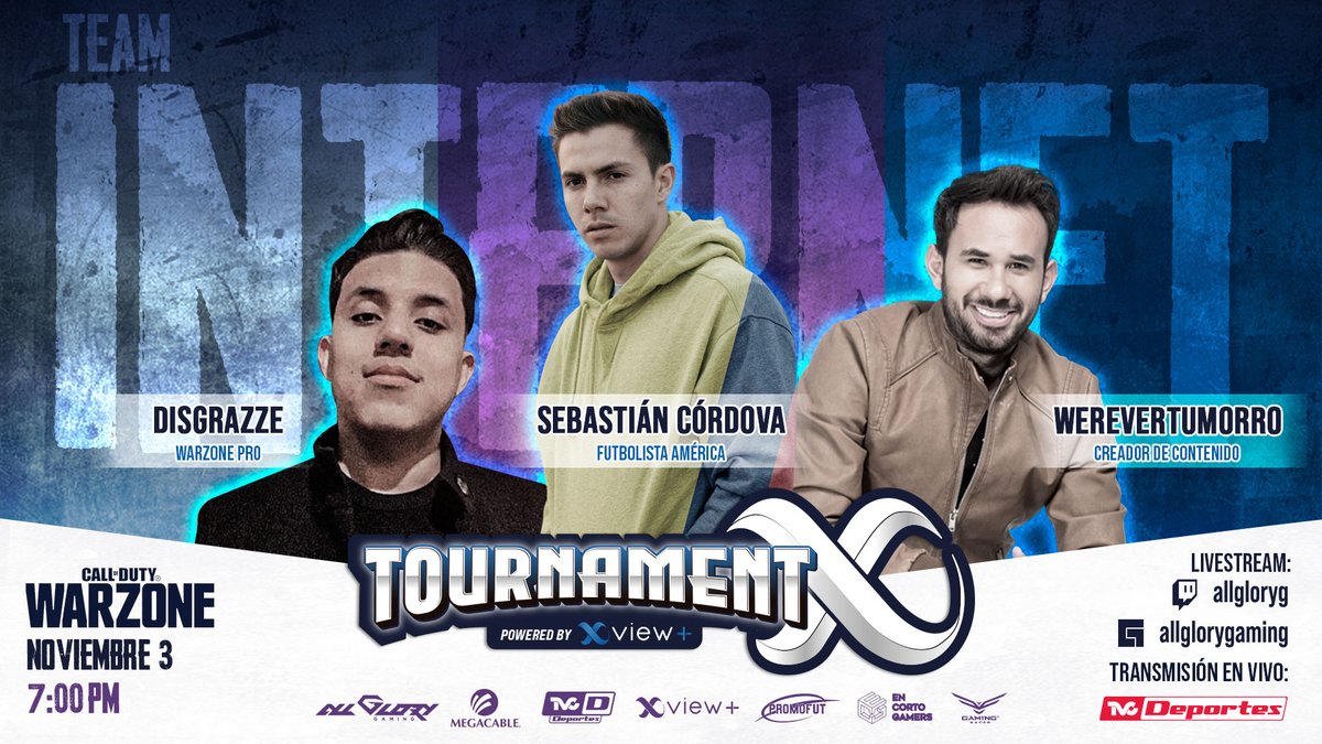 AllGloryGaming's tweet photo. Se viene el crossover más legendario del Multiverso con el #TeamInternet conformado por Disgrazze, Sebastián Córdova y WEREVERTUMORRO que buscará hacerse de #TodaLaGloria en el #TournamentX de Call of Duty: #Warzone el próximo 3 de noviembre. 👊 https://t.co/kckyF6BsVl