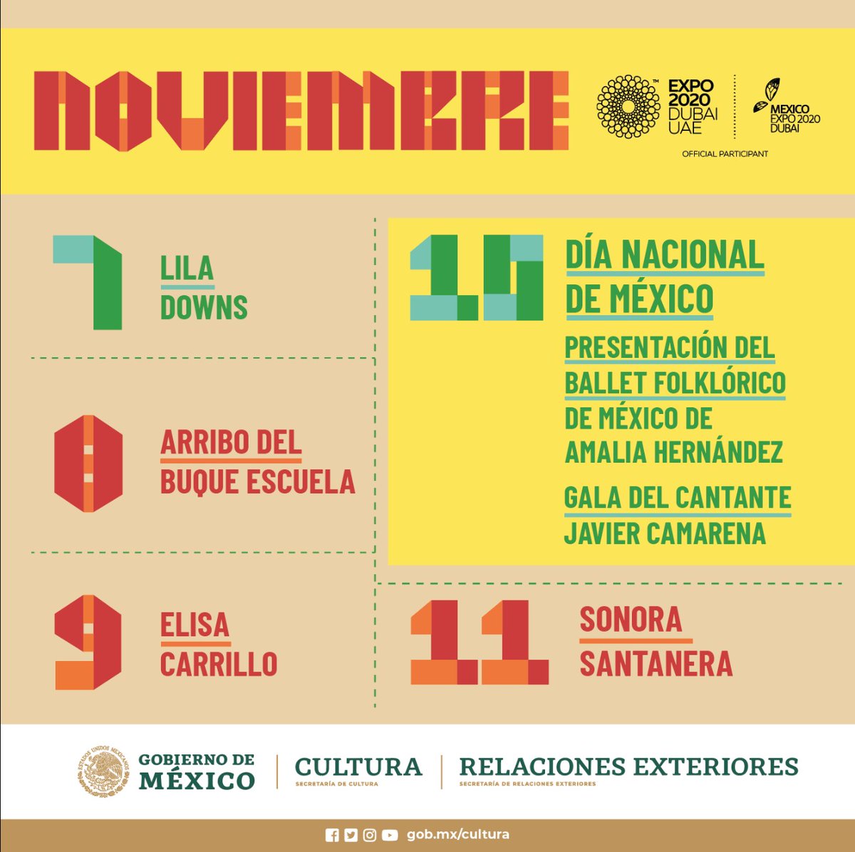 Se acerca la celebración del Día de México en la @expo2020dubai con presentaciones de <a href="/liladowns/">Lila Downs</a>, <a href="/BalletAmalia/">Ballet de Amalia Hdz</a>, <a href="/ElisaCarrilloC/">Elisa Carrillo Cabrera</a>, <a href="/tenorjcamarena/">Javier Camarena</a> y <a href="/SantaneraMx/">La Única Internacional Sonora Santanera</a>, del 7 al 11 de noviembre.

Sigue las redes de <a href="/MexicoExpo2020/">Mexico Expo2020</a> 👉facebook.com/MexicoExpo2020

#TejiendoVidas #Expo2020Dubai