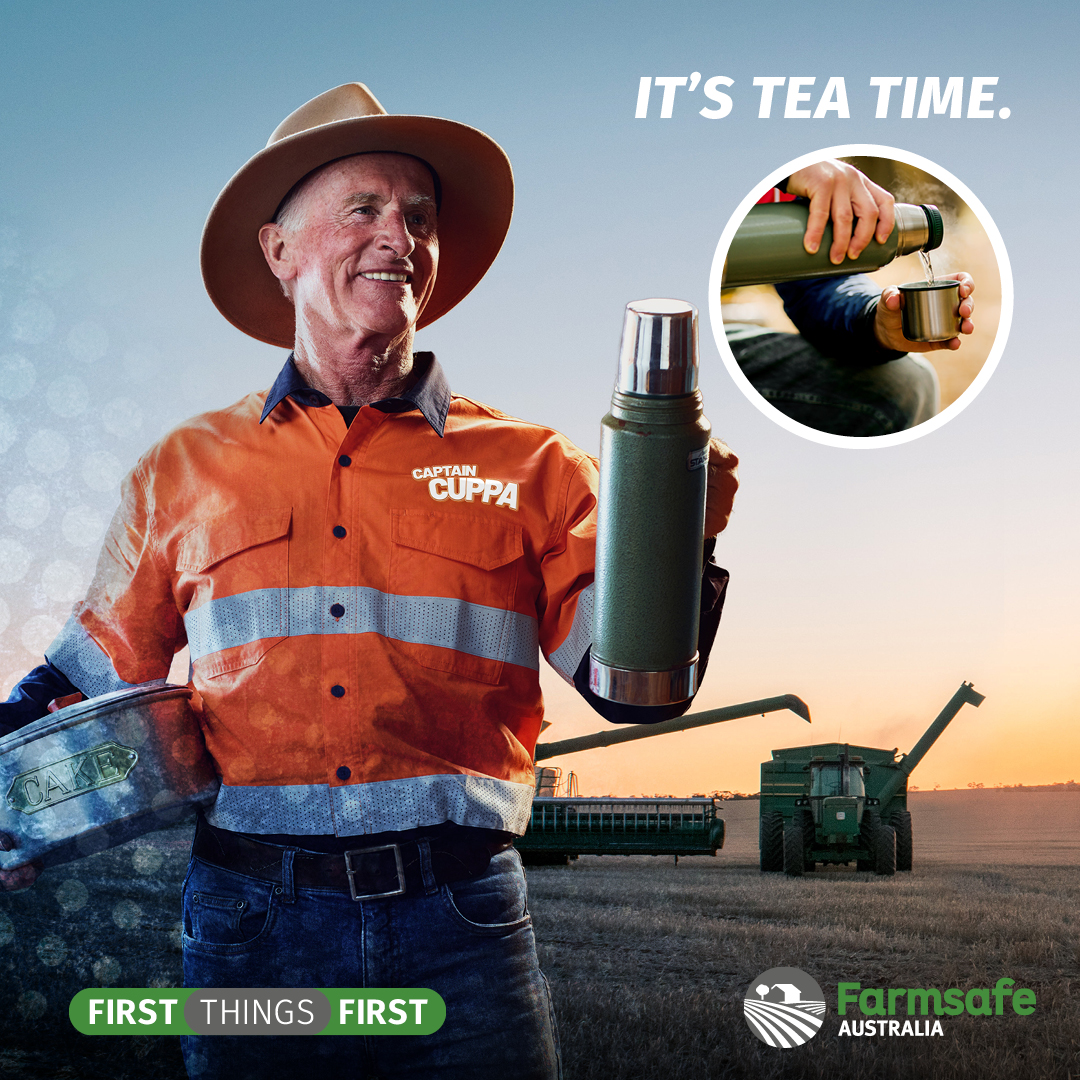 Meet #CaptainCuppa - the last of our #HarvestHeroes, who appreciates the importance of stopping for a well-earned break. They are usually armed with a piping hot thermos filled with a fresh brew of tea & a supply of biscuits to dunk. Find out more at farmsafe.org.au/a-practical-gu…
