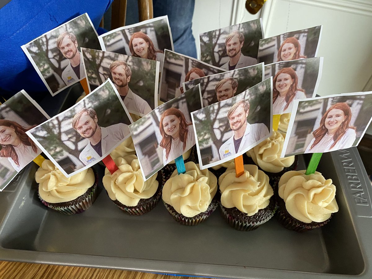 Berninini's tweet photo. Why choose U of M? High-level clinical care, world-renowned preceptors, practice changing research and education. Plus, Look at how happy our residents @BrianBazzellRx  and @maddyochs were, even after a whole year of learning! And, we make cupcakes! https://t.co/OvkiAeEJzb