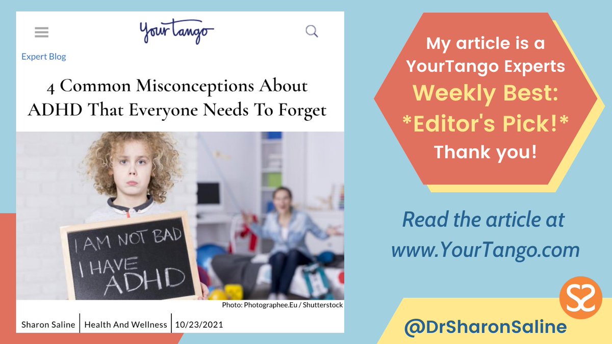 DrSharonSaline's tweet photo. Many people spread harmful #ADHDMisconceptions. How do you respond to these? Learn my suggestions in my article featured on YourTango: "4 Common Misconceptions About #ADHD That Everyone Needs To Forget," now a WEEKLY BEST: Editor's Pick! 🙌 Read it here: https://t.co/WTBDBSYGyB https://t.co/53jia3zd3D
