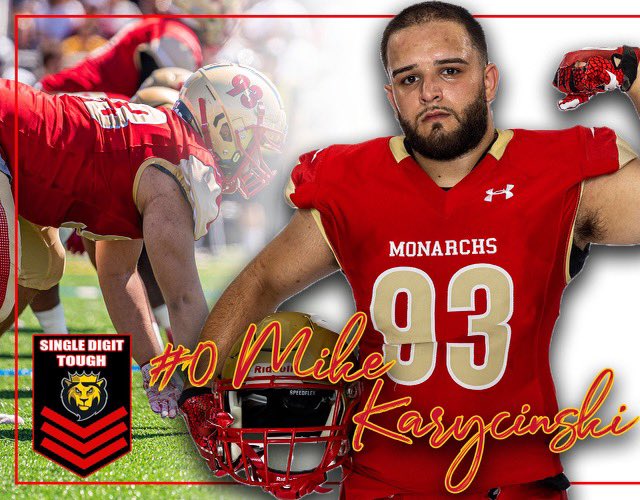 KingsCollegeFB's tweet photo. SINGLE. DIGIT. TOUGH. #️⃣0️⃣

Congratulations to Defensive Lineman Mike Karycinski, the newest member of the Single Digit Tough family and the first Monarch to wear #0. #BuiltDifferent https://t.co/zalmJZf0ud
