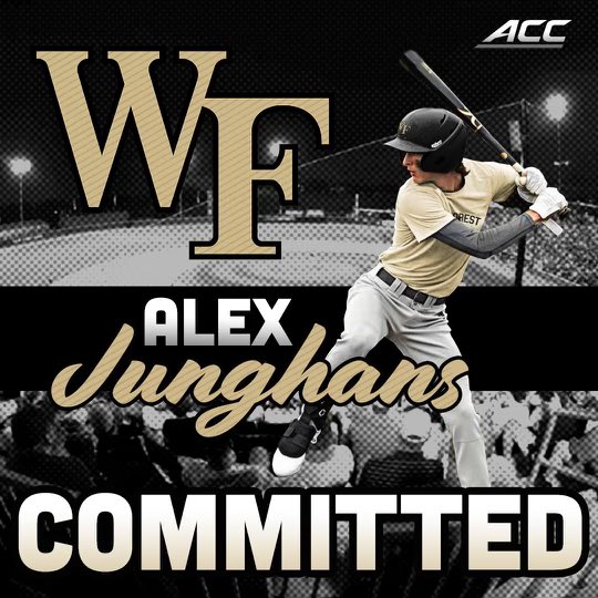 JunghansAlex's tweet photo. I’m excited to announce that I will be continuing my academic and baseball career at Wake Forest University. Huge thanks to my parents, coaches and teammates for supporting me through this process! #GoDeacs 🎩 https://t.co/Fc4SssFDX6