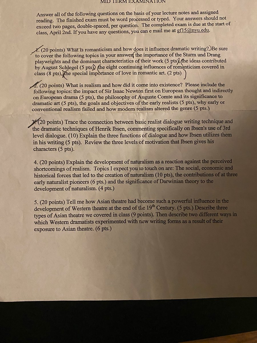 BenesBorough's tweet photo. Found this old college midterm folded in a book. From NYU Forms of Drama II - completely forgot the existence of Comte (?) , I could still sort of get romanticism /Ibsen (1-3), shocked by our 18yo brains lol  #nyu #dramaticwriting https://t.co/r0eF0n3ChJ