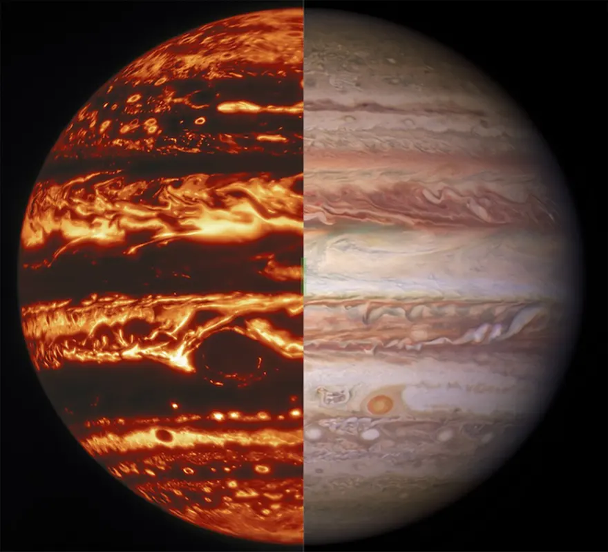 typocatCAv2's tweet image. A combination of images by NASA shows the planet Jupiter seen by the Juno probe’s microwave radiometer, left, and in visible light, captured by the Gemini Observatory. The Great Red Spot in the southern hemisphere is a storm so big it could swallow the Earth. Photograph: AP