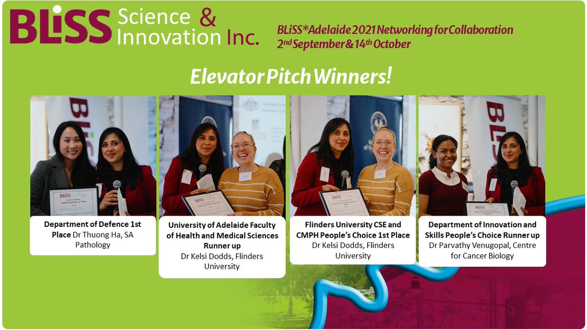 BLiSS*Adelaide would like to congratulate our Elevator Pitch winners for 2021! @thuongha_ @DrKelsiD (twice!) and Parvathy Venugopal 👏👏Thanks to our Sponsors @DeptDefence, @UniofAdelaide, @Flinders and @DeptInnovSkills for supporting these prizes🙌