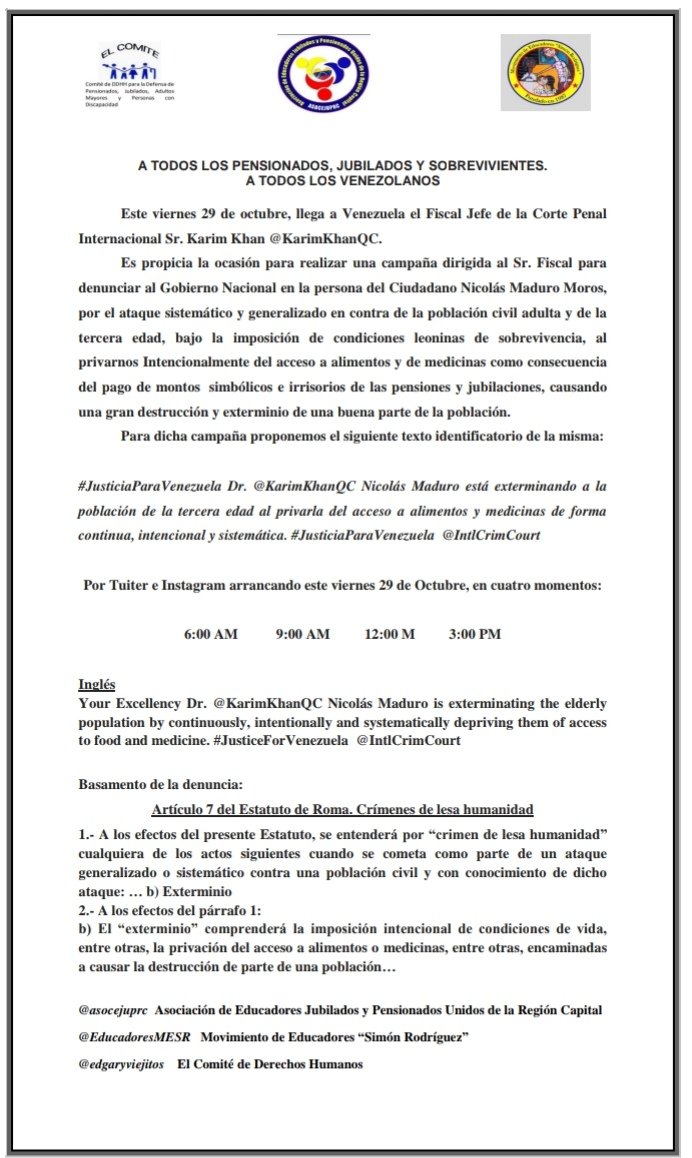 Asocejuprc's tweet photo. URGENTE  ayudar a difundir esta campaña dirigida al Fiscal Penal Internacional quien estará este Viernes en Venezuela https://t.co/TSdB8VTTFk