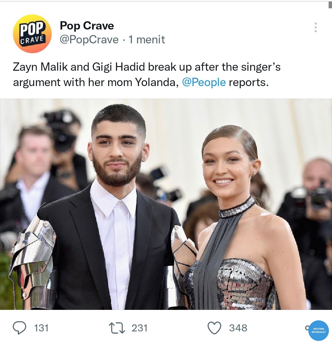 westenthu's tweet photo. Zayn Malik dan Gigi Hadid berpisah wst 😭 https://t.co/urpCbiz8H5