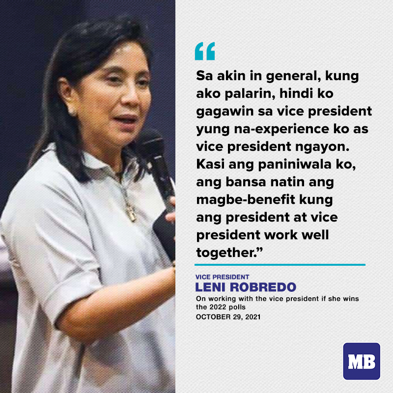Vice President and Presidential aspirant Leni Robredo will make sure that what she went through during the current administration will not happen to her successor if she wins the election in May 2022.

READ: mb.com.ph/2021/10/29/rob…