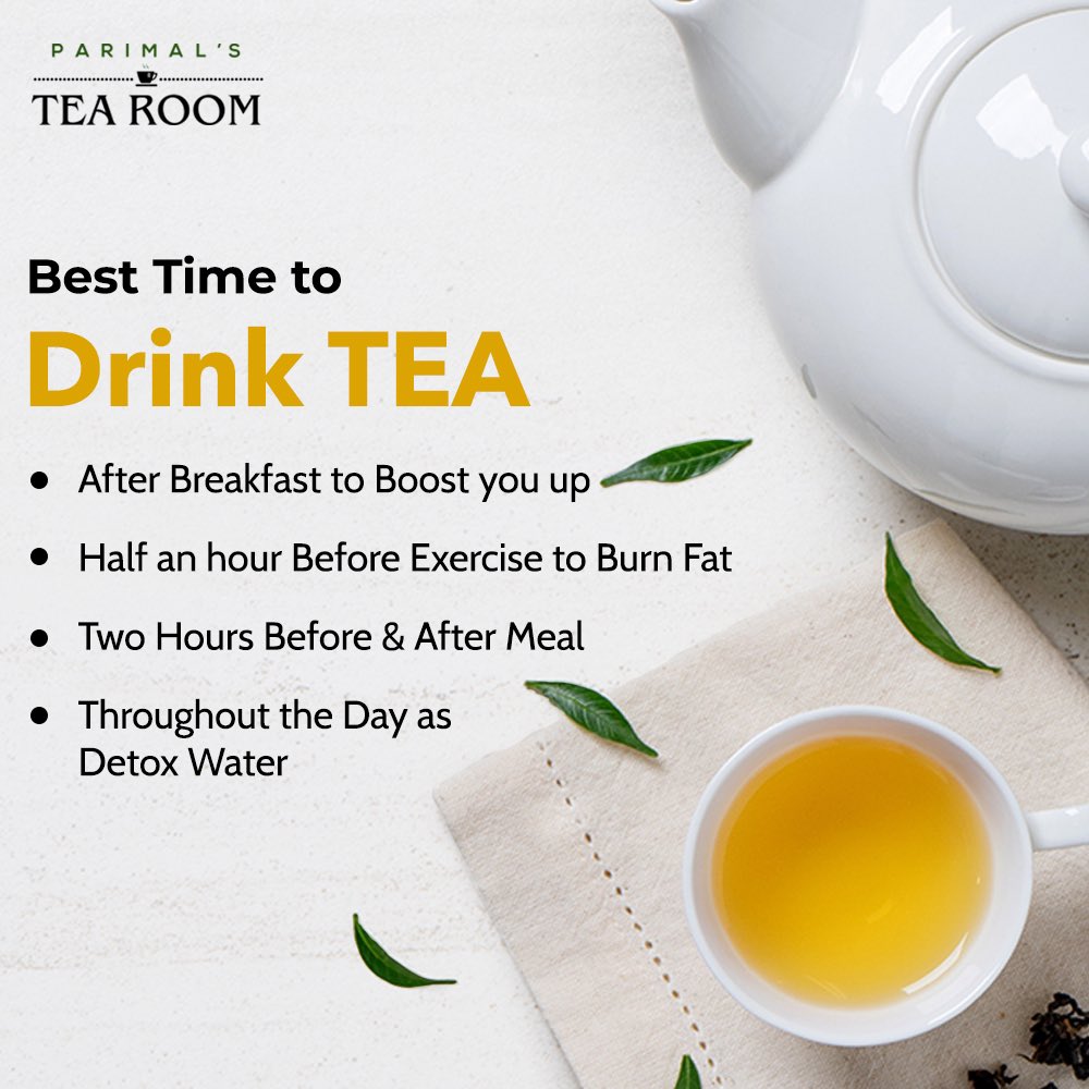 The best time to drink tea is usually 2 hours after having a meal. You can drink in morning as well, but make sure you aren't empty stomach. Most people drink tea during the evening, along with some snacks which is a good enough option.

#parimalstearoom #tea #teatime #tealover