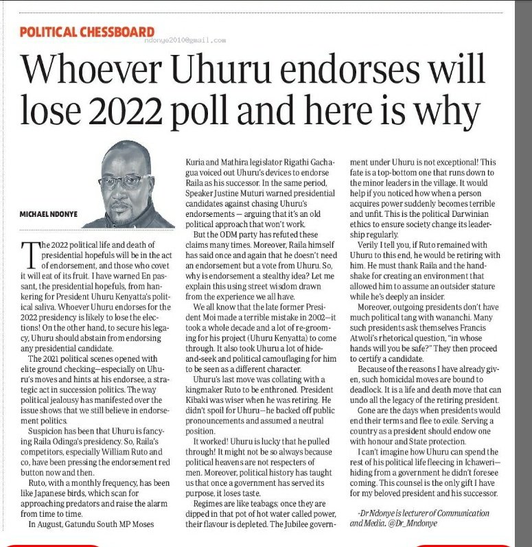 Dr_Mndonye's tweet photo. The '5th President' must not covet for Uhuru’s political saliva. Whoever he'll endorse for the 2022 presidency will lose the elections! Moreover, should President Uhuru endorse anyone, he will hurt his legacy. Thus says the political heavens!🌹 https://t.co/VJgCMk50bd