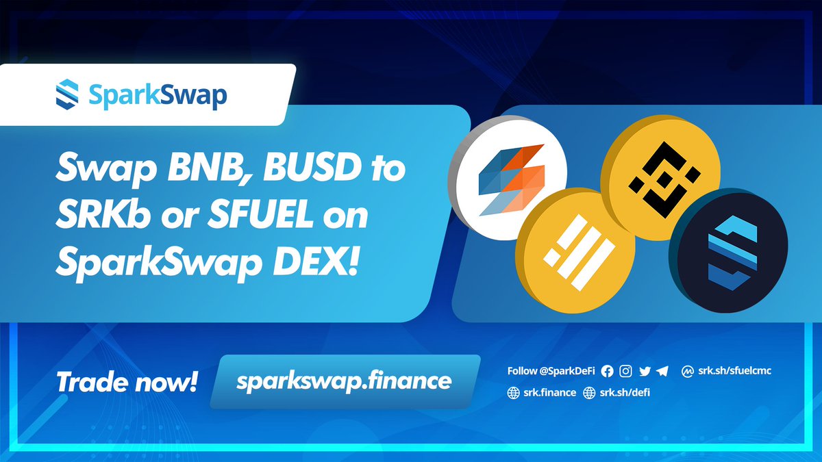 sparkpointio's tweet image. Hey, #Sparkies! Prepare for the upcoming IDO launchpad sale, as early as now! 💰
Swap your tokens instantly to $SRKb or $SFUEL at #SparkSwap and stake it right away to #SparkPool to guarantee your allocation. 🔥
🔗 sparkswap.finance
#SparkDeFi #SparkPoint #BSC #BUIDL