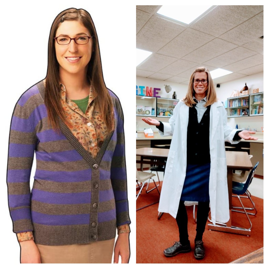 When you try to dress up as Amy Farrah Fowler for #RedRibbonWeek2021 and S's just think it's a lab day! 🤦🏼‍♀️ Is there a teacher stipend for clothing makeovers? Apparently I need an update 🤷🏼‍♀️but I looked smart😂. I'm calling it a win.