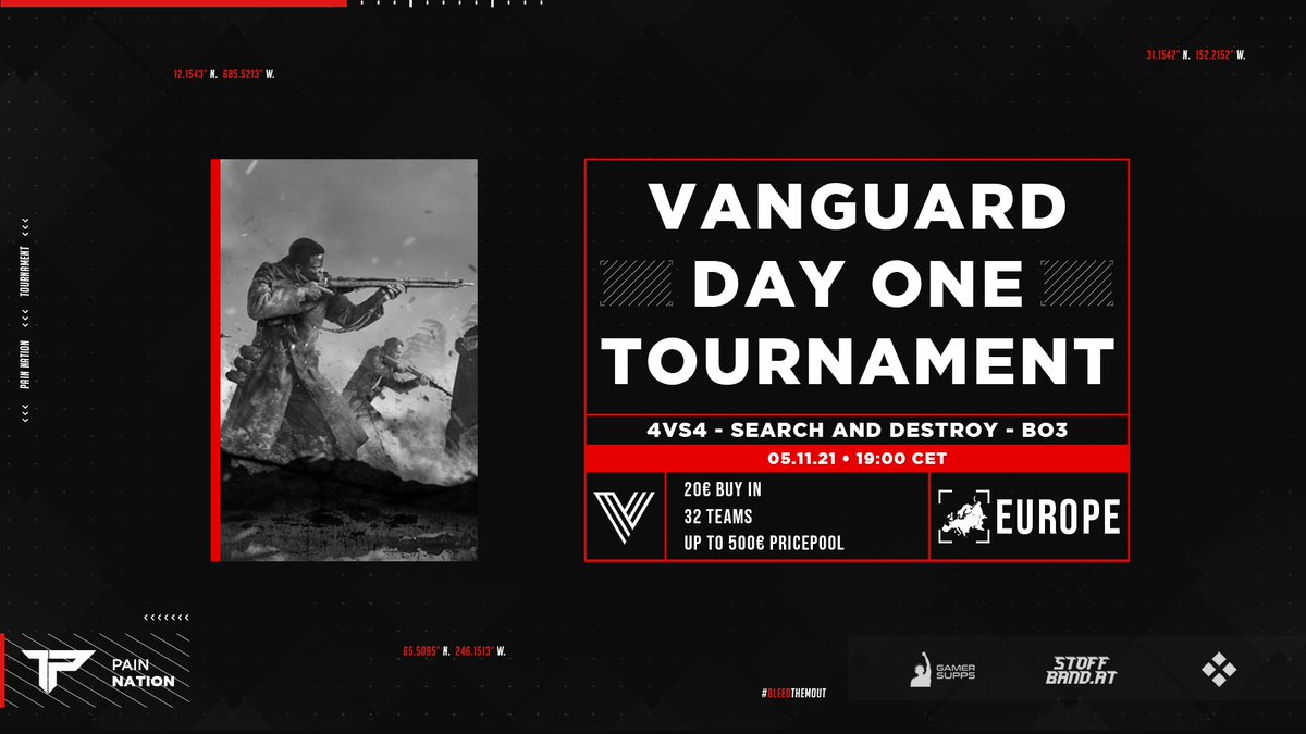 ⚔️#Vanguard Day One Tournament⚔️

⚔️32 Teams
🏆up to 500€
🌐EU only

Registration: painnation.zappy.page/tournaments/61…