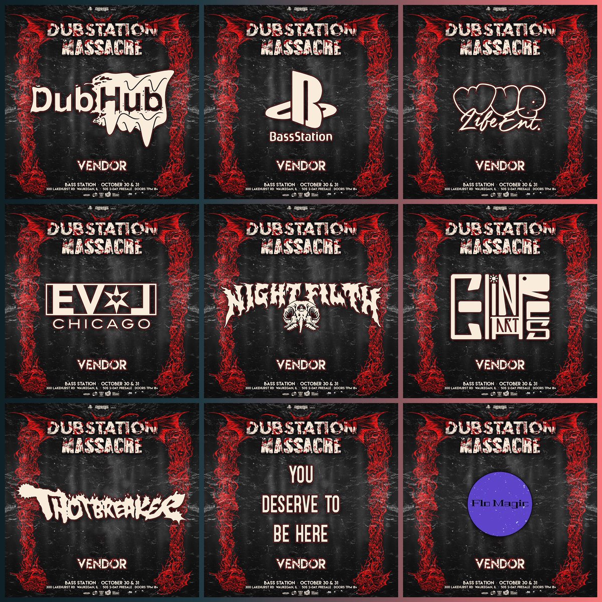 WubLifeEnt's tweet photo. I’m happy to announce all of our official vendors for Dubstation Massacre. The companies listed below are some of the most dedicated creators we have had the privilege of working with throughout the years and we can’t wait to show you all the work they’ve put in for this event.🖤 https://t.co/nzgUQsSz6w