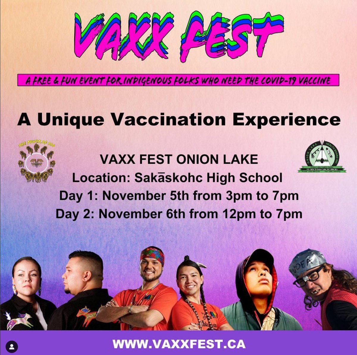 Vaxx Fest is at Onion Lake Cree Nation on November 5th &amp; 6th at the Sakāskohc High School! Influencers, SWAG, prizes every hour, health! Visit vaxxfest.ca for deets. Come get vaxxed the cool way #VaxxFest
#vaxxed100 #onionlakevaxxed #protectourfuture #thepowerof100