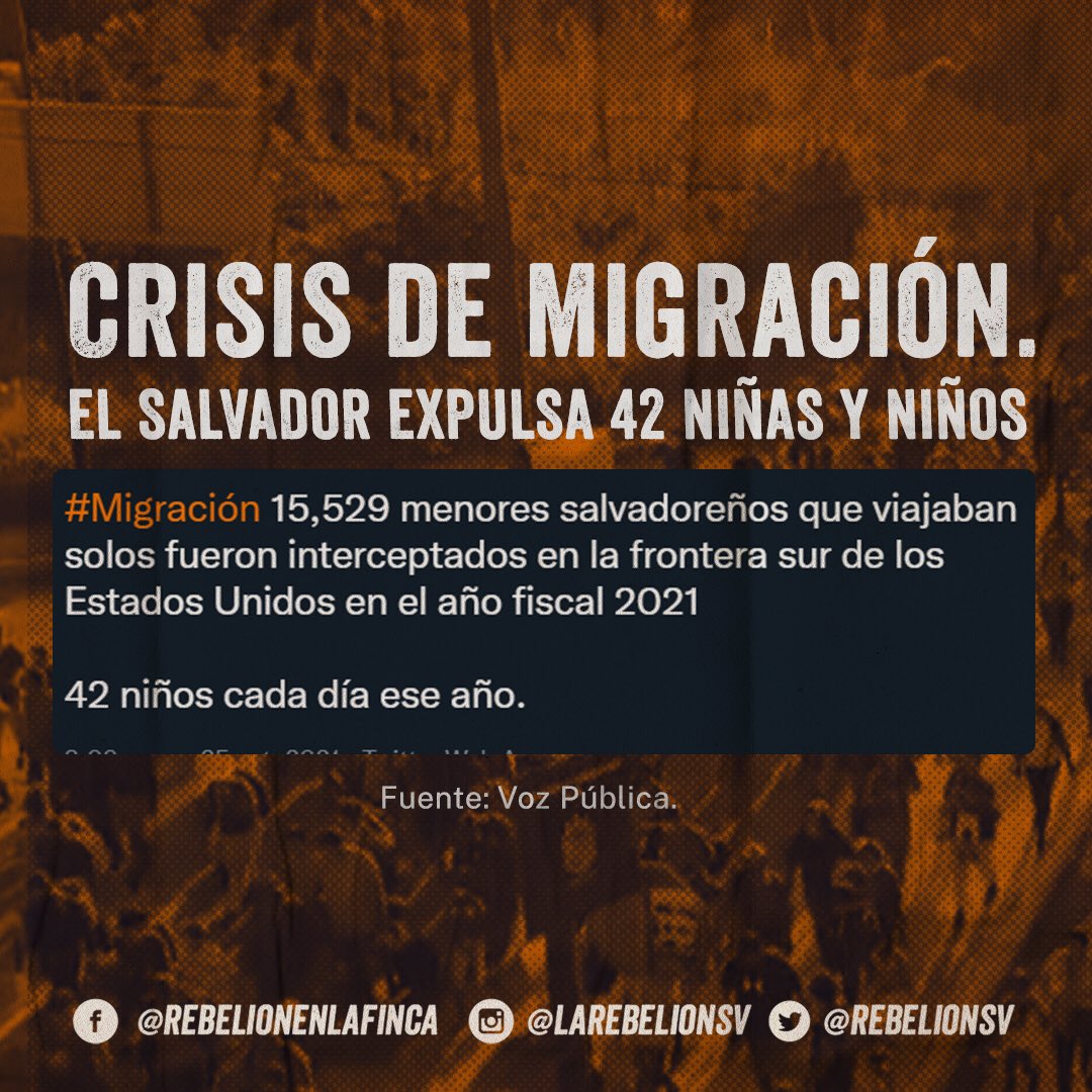 RebelionSV's tweet photo. Alerta 🚨 La crisis de migración afecta a las familias y en especial a la niñez. El gobierno hace propaganda y militariza mientras 42 niñas y niños migran cada día. https://t.co/2tk6Ka9y2C