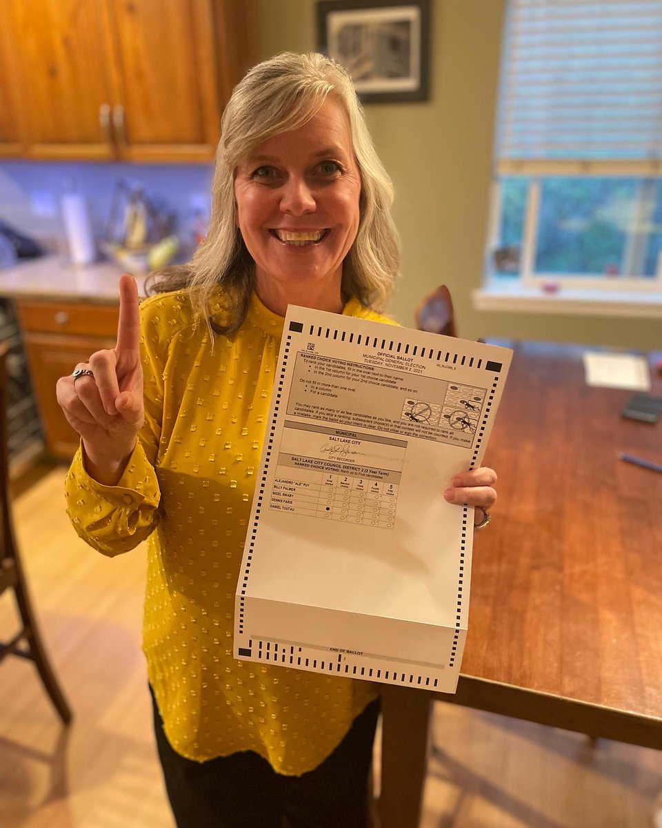 VoteDennisSLC's tweet photo. There’s just 5 days left before Salt Lake City’s first Ranked Choice Election! Today we filled out our ballots (and ranked me as our first choice!) and my wife Katherine helped me model to show the easiest way to return our ballots - by mail! https://t.co/2tKTyNwoJ8