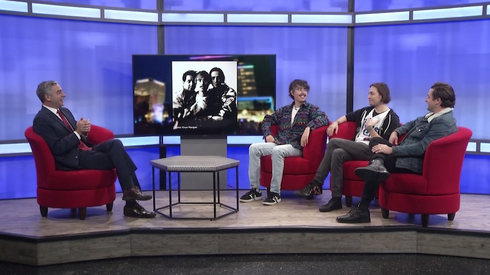 AdamChodak's tweet photo. A chat with @joywave. We talk new music, time off the road and, of course, scorpions. Coming up on @News_8 at 11. @danyule_ @paulwave @joeywave_  #AdamInterviews https://t.co/YCGWltvHaA