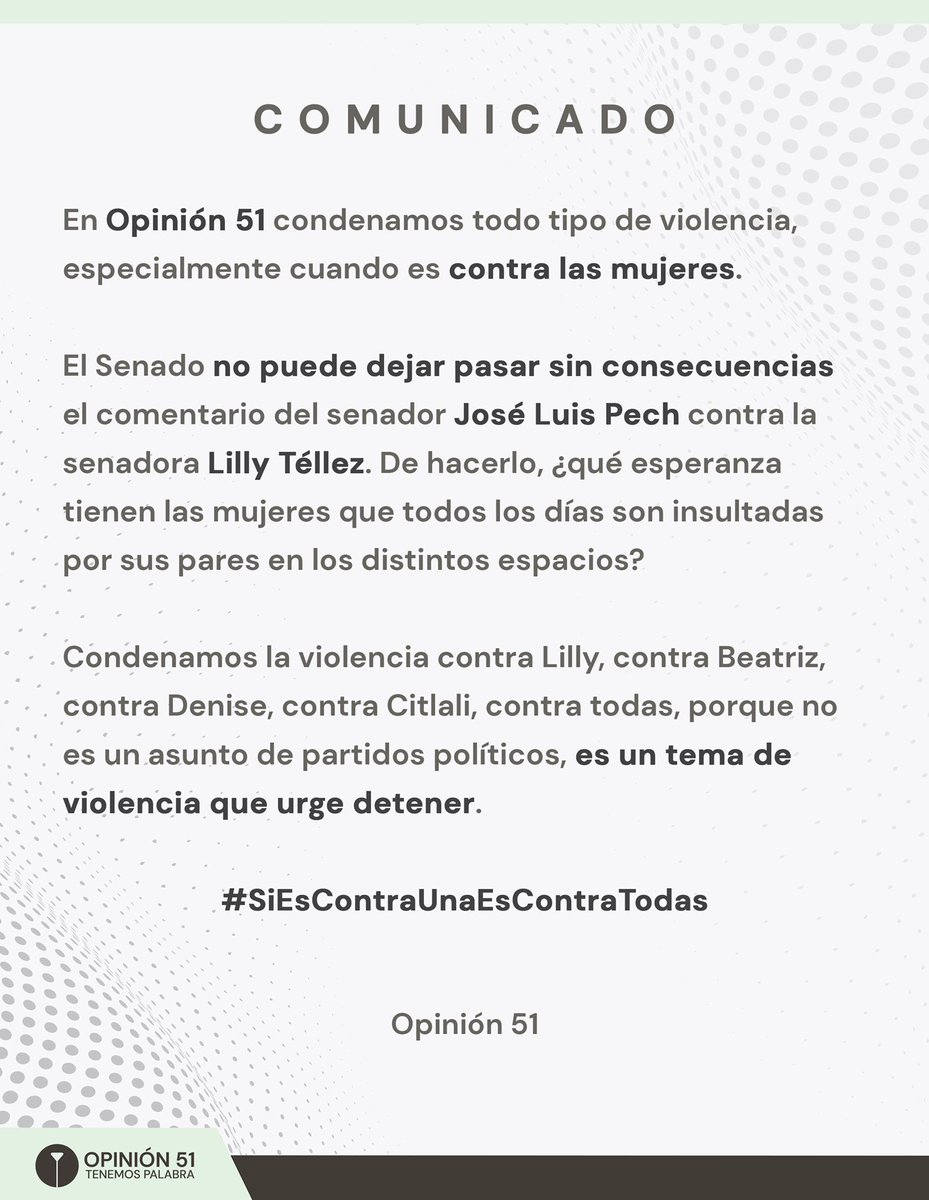 ✍🏼 La agresión del senador José Luis Pech (<a href="/DrJLPech/">Dr. Pech</a>) contra la legisladora Lilly Téllez (<a href="/LillyTellez/">Lilly Téllez</a>) no puede ser pasada por alto por el <a href="/senadomexicano/">Senado de México</a>. Urge detener la violencia.

#SiEsContraUnaEsContraTodas | #Opinión51 |