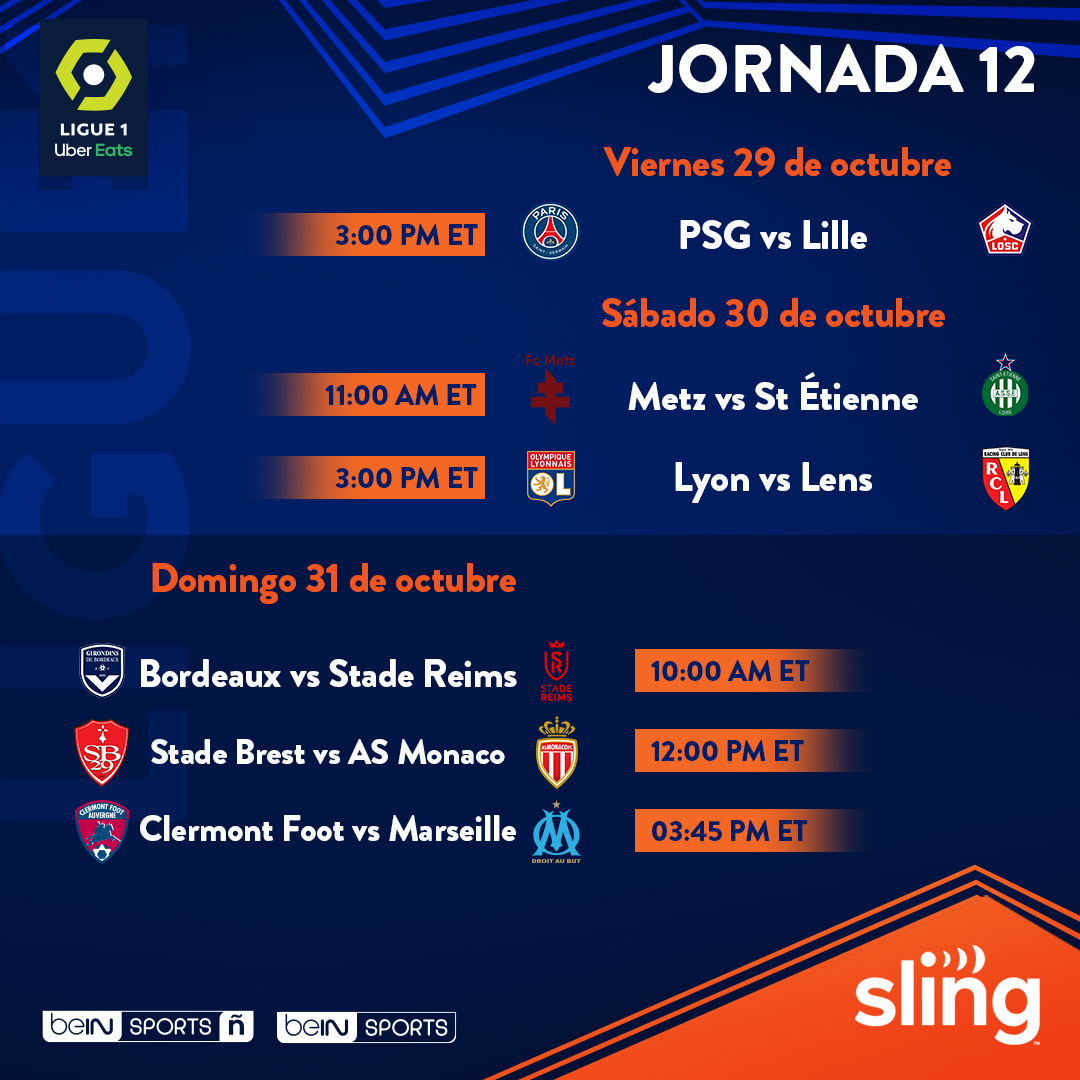 SlingDeportes's tweet photo. La jornada 12 de la #Ligue1 llega cargada de emoción. Hasta incluye un partidazo entre los últimos campeones 🇫🇷🏆 Disfruta el fútbol francés en @beINSPORTSUSA ⚽️📺💥 https://t.co/PINePHZt98