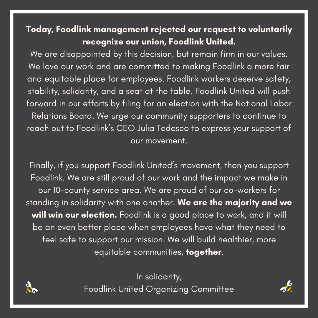 FoodlinkUnited's tweet photo. Today, @FoodlinkNY  management rejected our request to voluntarily recognize our union, Foodlink United. 

Full statement below. https://t.co/KNVFZLzZYe
