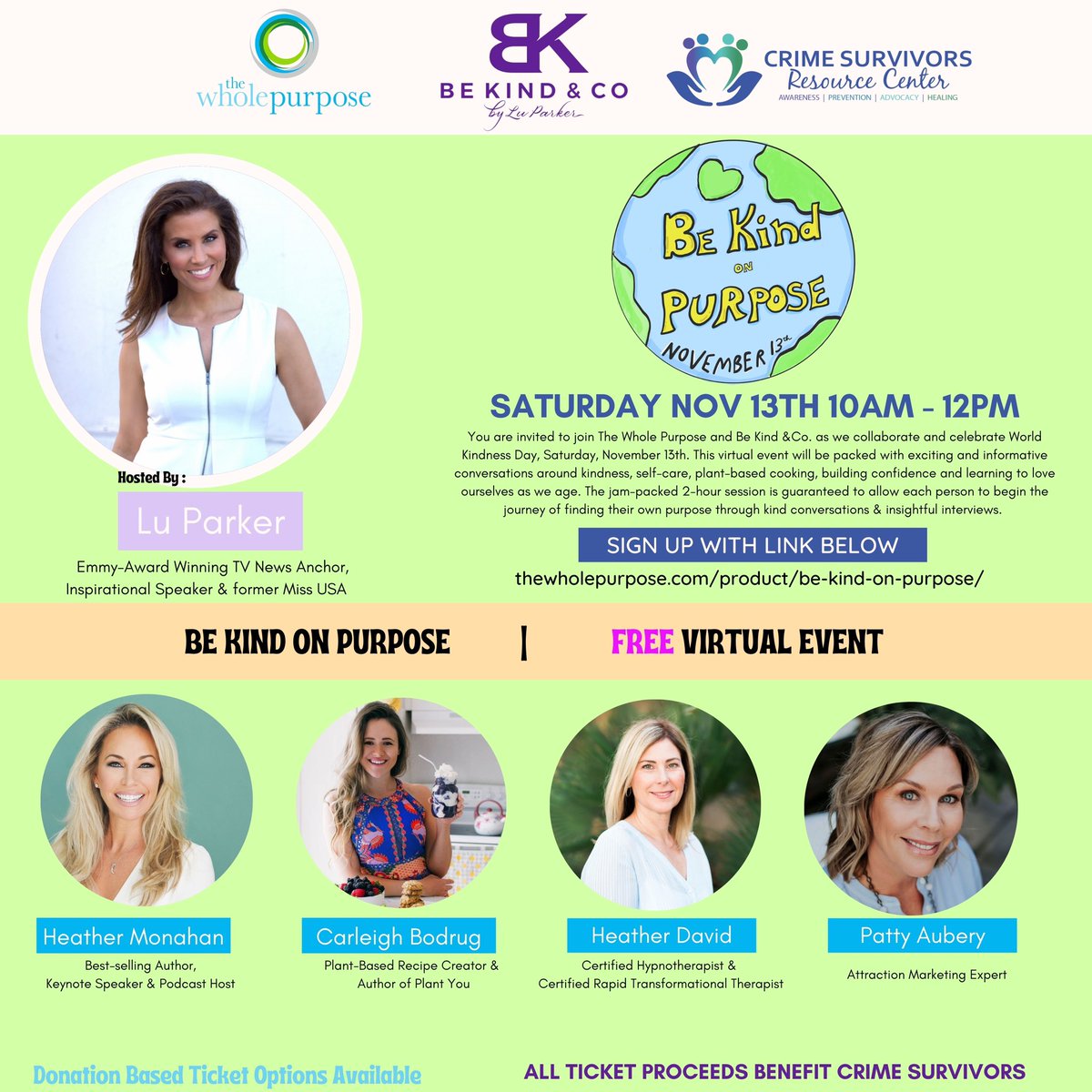 LuParker's tweet photo. Join us for our free virtual event on 11/13/21
Celebrate kindness &amp; women with @BeKindandCo &amp; @thewholepurpose 
Conversations on confidence, attraction, plant-based recipes, self-care as we age &amp; the art of tapping.  
Visit https://t.co/Rf8hifuMPY to learn more &amp; to register 💜 https://t.co/78cgFUoJKT