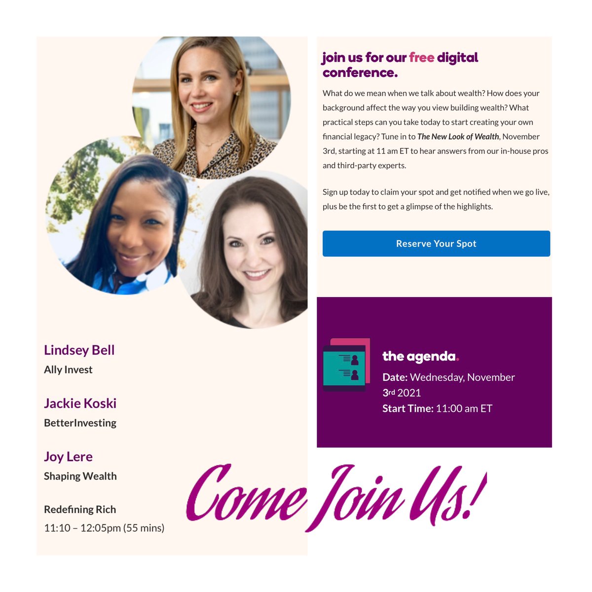 I am thrilled to be part of one of the many great panels for the 2021 <a href="/AllyInvest/">Ally Invest</a>  Digital Conference “The New Look of Wealth”

Tune in to November 3rd, starting at 11 am ET
 
Sign up and join us👇🏾👇🏾👇🏾

ally.com/digitalconfere…
